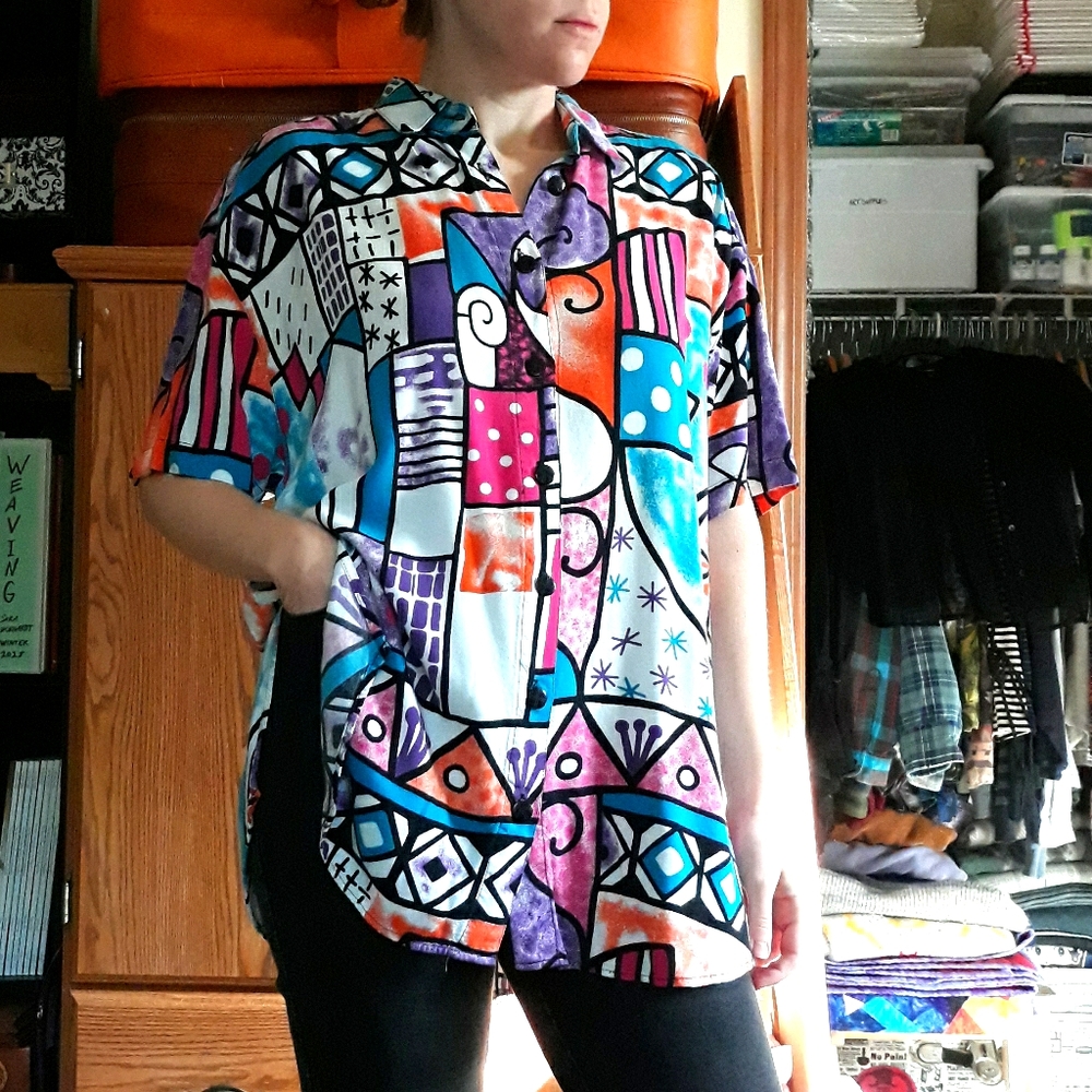 80s Stefano Funky Pop Art Button-Up Shirt Blouse Size L Colorful